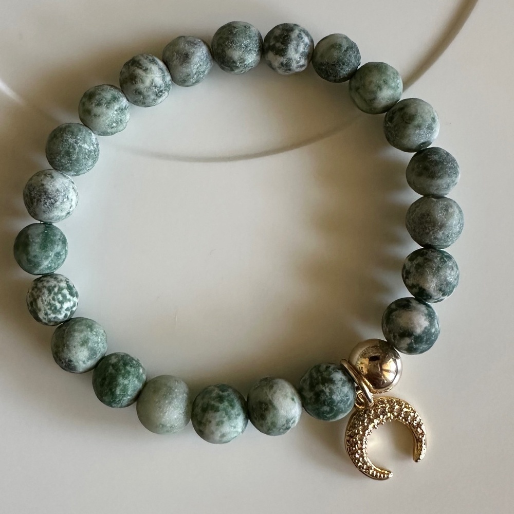 Moss Agate Bracelet | 8mm Matte Beads | 14K Gold Filled & Pavé Charm | Earthy - Picture 6 of 7